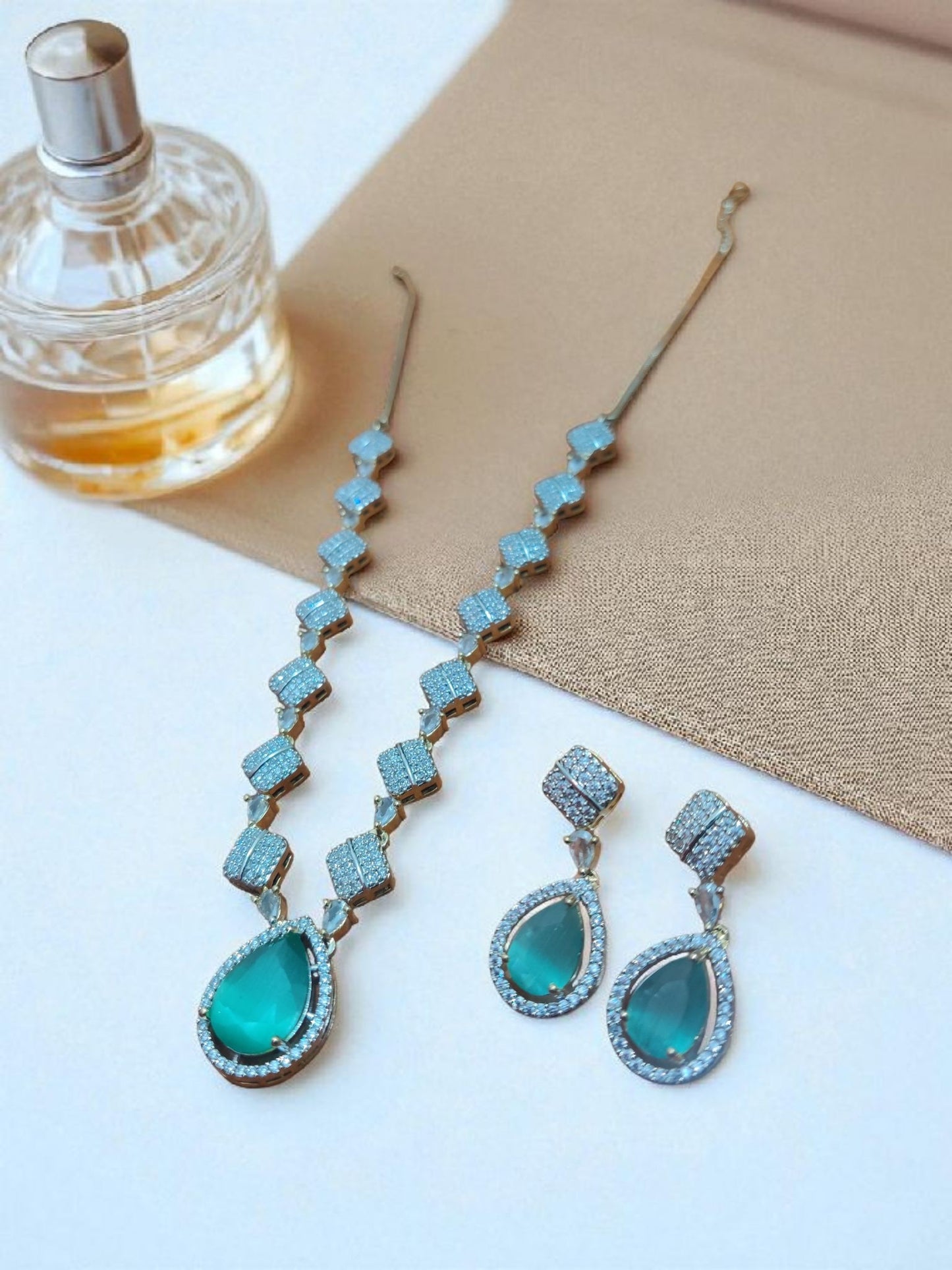 Emerald Drop American Diamond Necklace Set