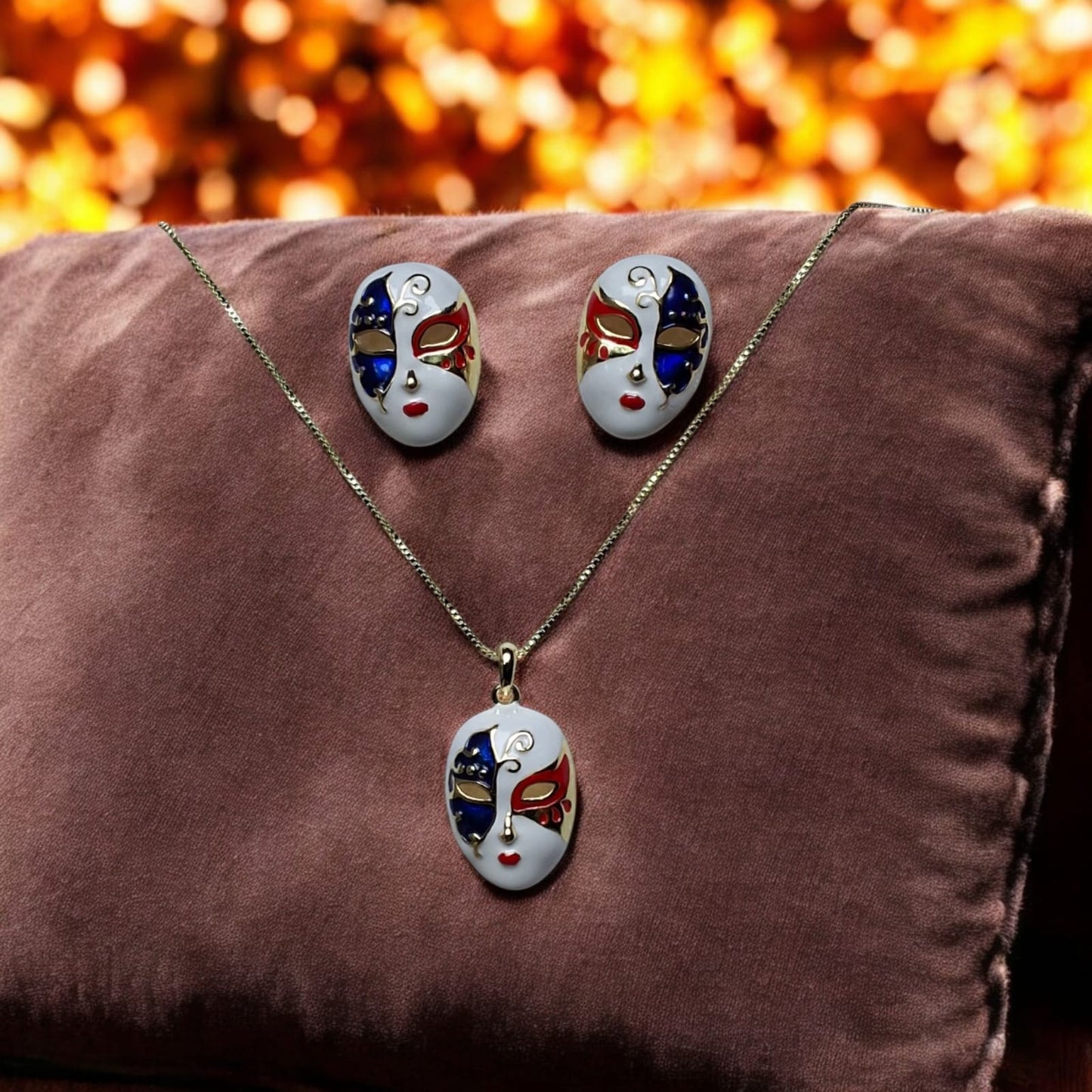 Blue Venetian Mask Pendant and Earrings Set