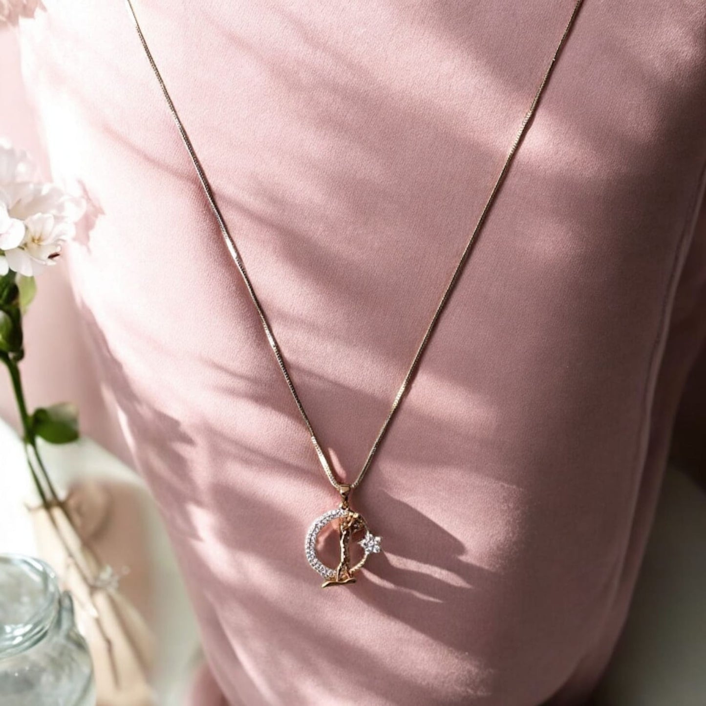 Rose Gold Crescent Moon Pendant with Star Accent