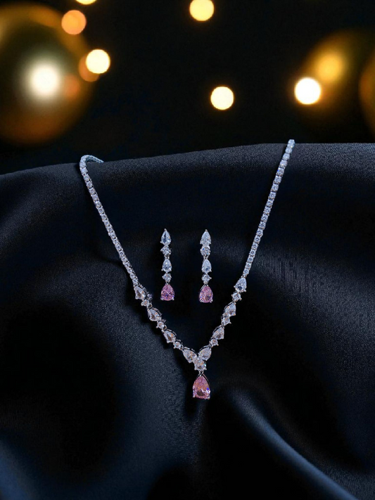 Radiant Pink Tear Drop Diamond Necklace Set