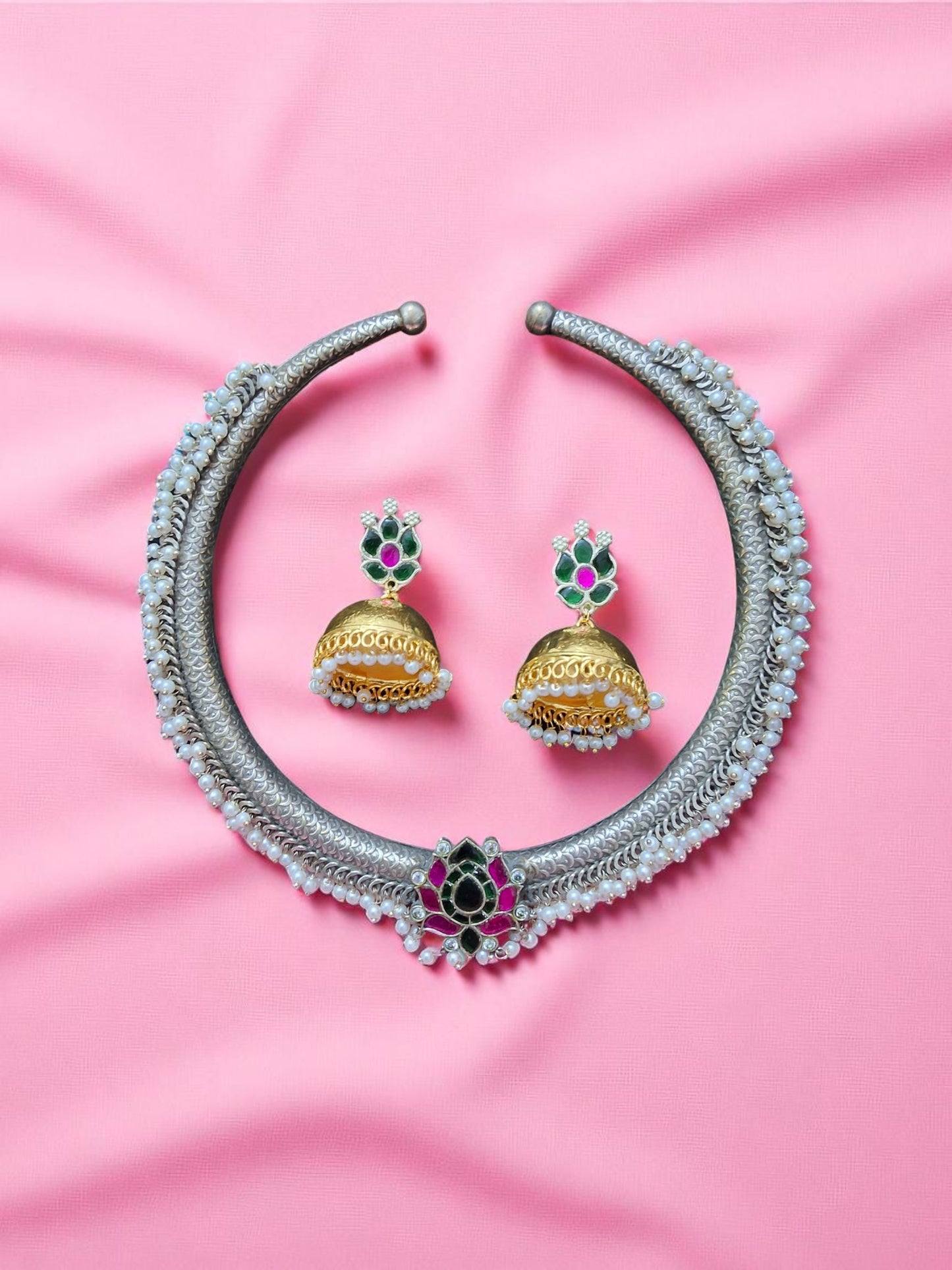 Lotus Royalty Antique Necklace & Jhumka Set