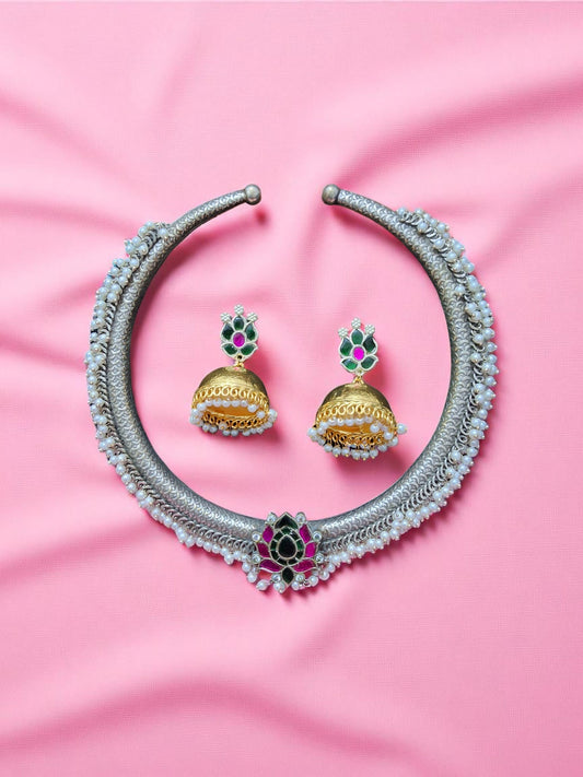 Lotus Royalty Antique Necklace & Jhumka Set