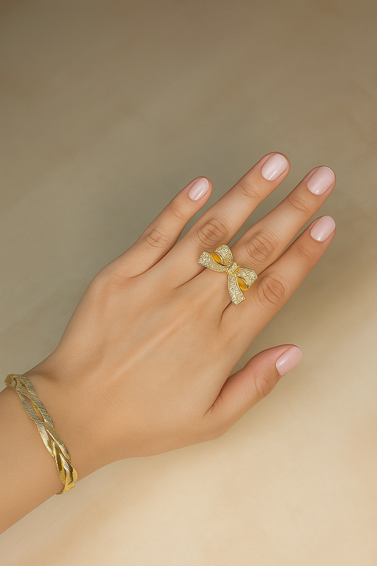 Bow Design Gold Ring with Crystal Embellishments