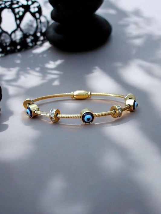 Gold Evil Eye Charm Bangle – Anti-Tarnish Stainless Steel
