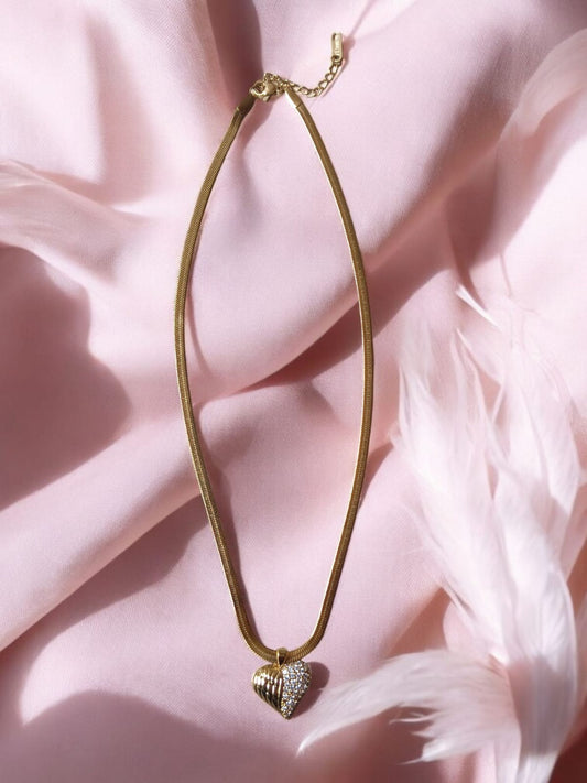 Golden Heart Pendant Necklace with Sparkling Crystals