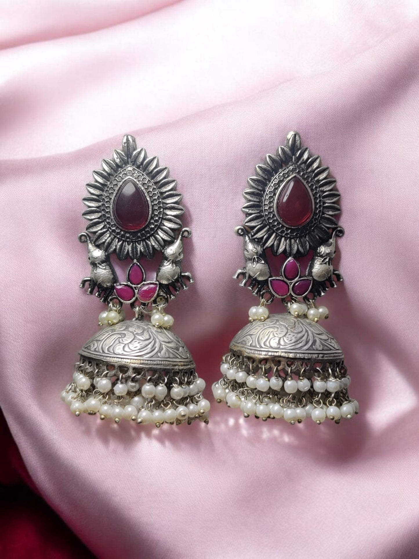 Peacock Grace Oxidised Jhumka Earrings – Emerald Essence