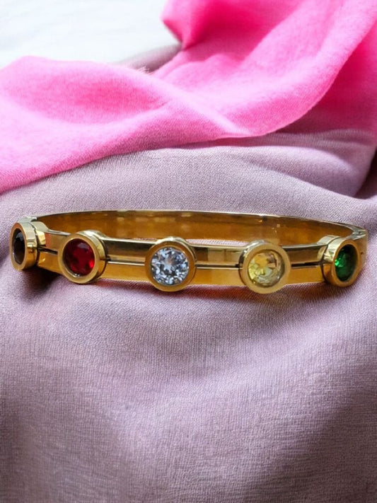 Bold Round Multicolor Stone Bangle – Anti-Tarnish Gold Finish