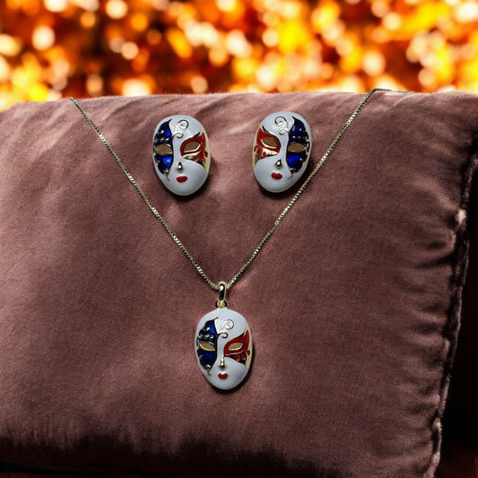 Blue Venetian Mask Pendant and Earrings Set