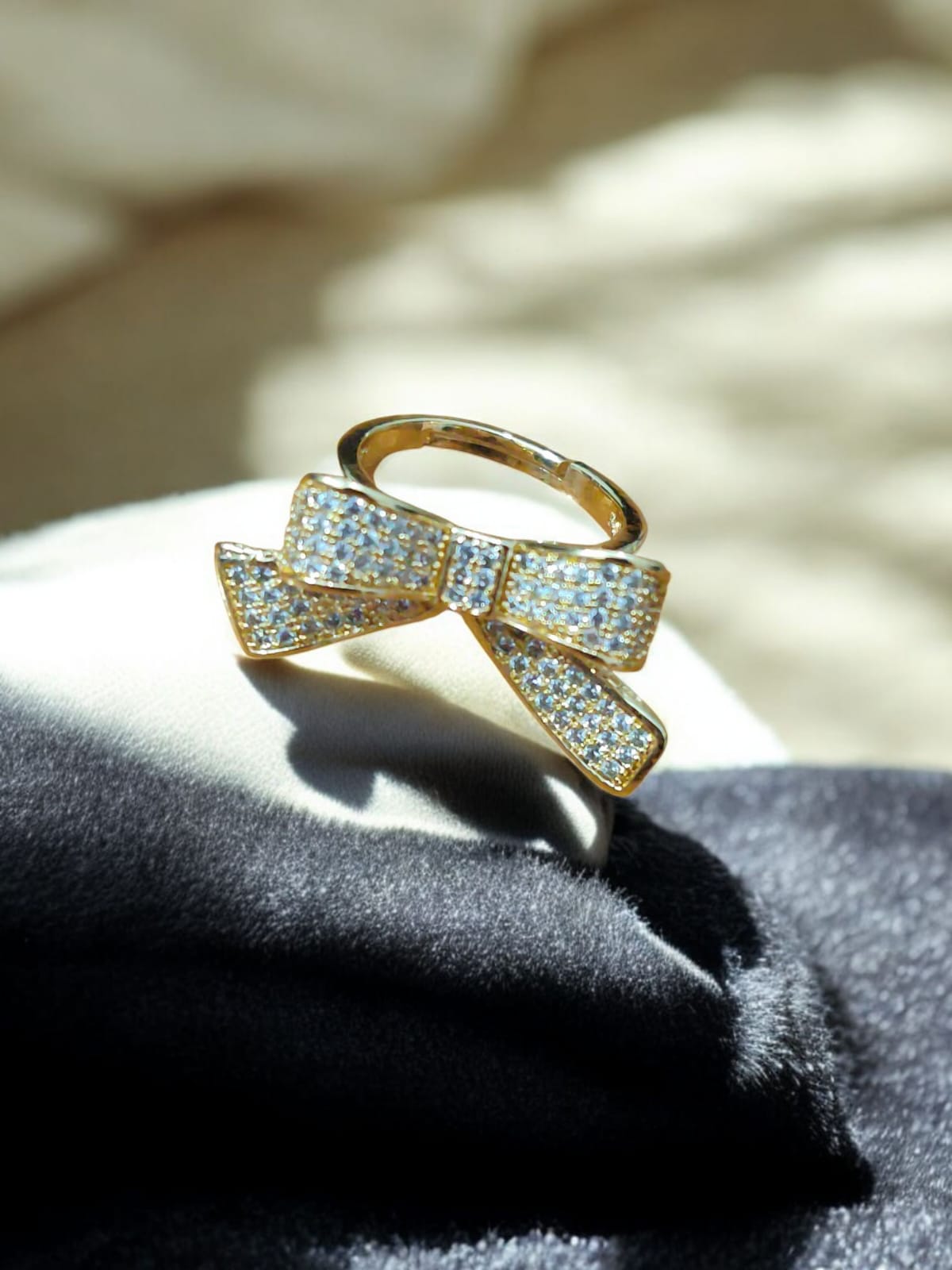 Bow Design Gold Ring with Crystal Embellishments