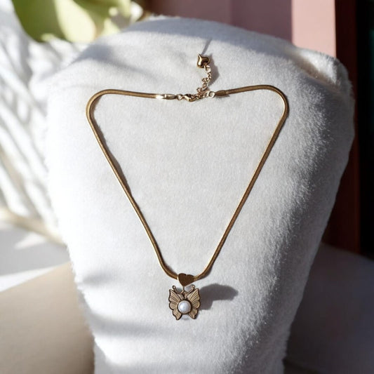 Elegant Gold Butterfly Pendant Necklace with Pearl Accent