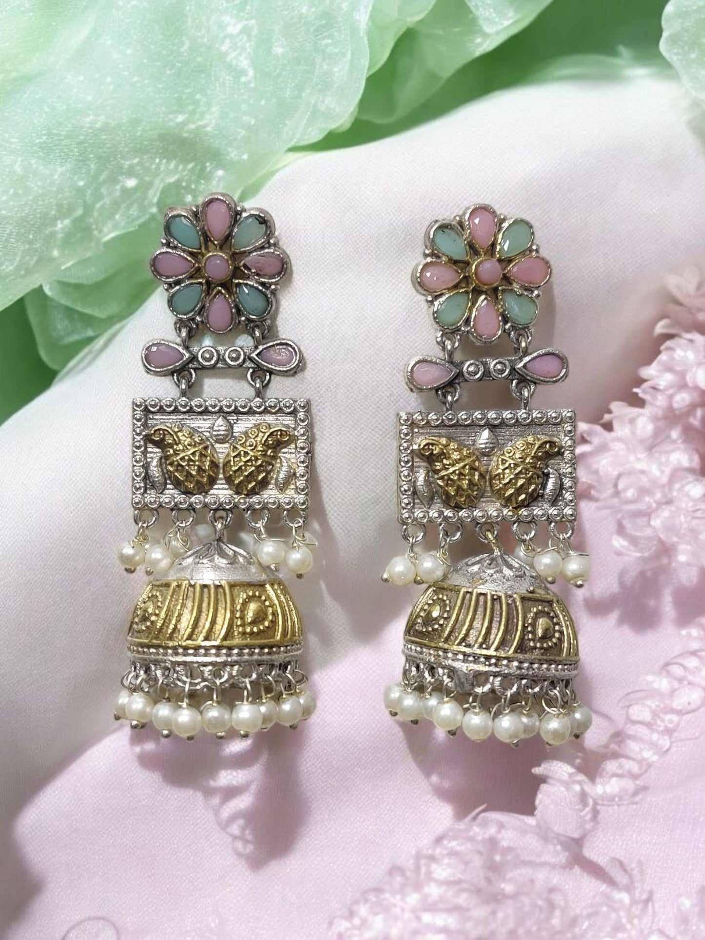 Sunflare Blossom Dual-Tone Jhumka Earrings