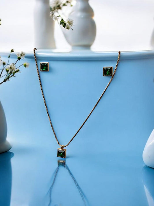 Minimalist Green Gem Necklace and Earring Set