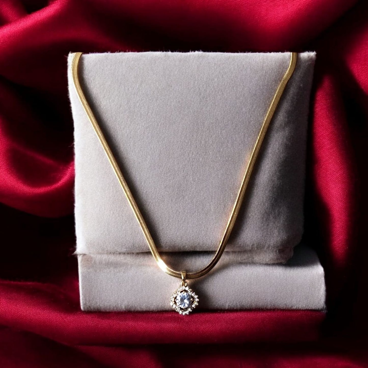 Golden Necklace with Sparkling Crystal Halo Pendant