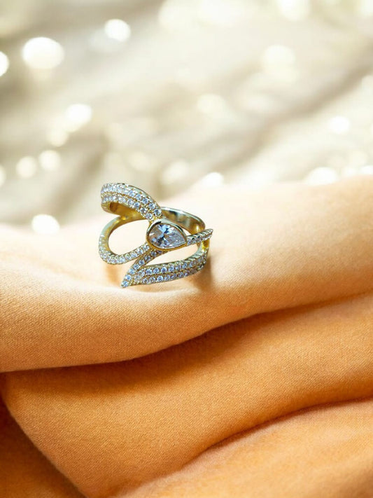 Crystal-Encrusted Gold Ring with Teardrop Stone